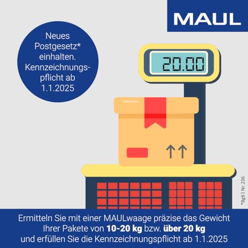 MAUL Paketwaage MAULcargo | Stabile Paketwaage bis 50kg | Große Wiegefläche 27 x 27 cm | Waage inklusive Netzteil und separatem Bedienpult | Netz- und Batteriebetrieb möglich | Edelstahl