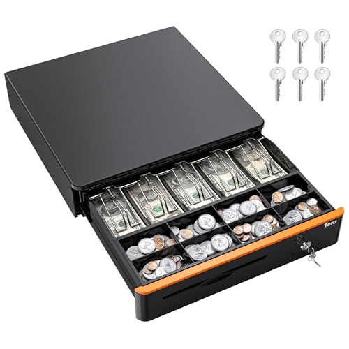 Tera 16 inch Auto Open Cash Drawer with Heavy Duty Insert Tray 5 Bill 8 Coin for POS System Removable Cash Tray Media Slot 24V RJ12 Key-Lock (Round Corner) for Small Business Retail 405R