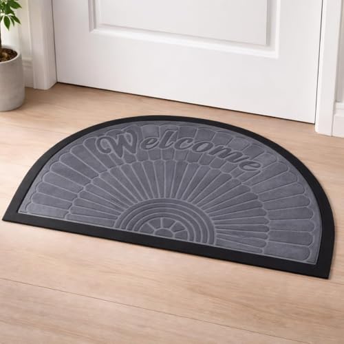 Image of DecorTwist PVC Door Mat | Heavy Duty Indoor Outdoor Entrance Mat | Anti-Slip Rubber Back | Waterproof Dust & Dirt | Style 3 Gray | Half Round Door Mat 50x80 cm, Pack of 1