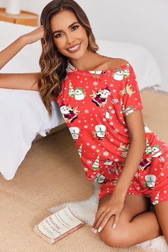 Image of Ekouaer Womens Pajama Sets 2 Piece Soft Short Sleeve Top and Shorts Sleepwear Round Neck Pjs Lounge Set with Pockets Red Christmas Small