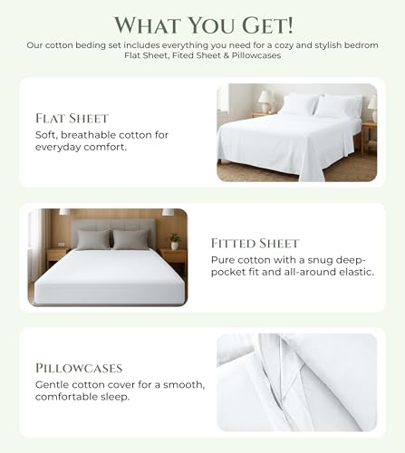 Image of ROYALE LINENS 100% Organic Cotton Full Sheet Set - 16 inch Deep Pocket Bed Sheets - Eco Friendly White Bed Sheets - Sabanas Full - 1 Flat, 1 Fitted & 2 Pillowcases - White Sheet Set - Cotton Bedding Sets
