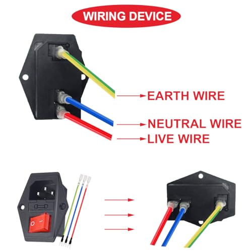 MKBKLLJY 3Pcs AC 15A 250V Rocker Switch Power Socket Inlet Module Plug, 3 Pin IEC320 C14 Male Power Switch with 6Pcs Mounting Screws, 9Pcs 18 AWG Extension Cord, 3Pcs 10A Fuse