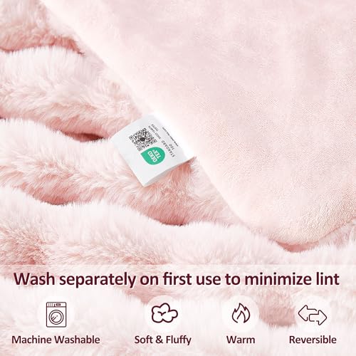 JONIYEAR Decorative Large Pink Bubble Faux Rabbit Fur Bed Blanket Full Size 70" x 80",Double Sided Soft Cozy Accent Warm Furry Blanket for Winter,Lovely Cute Big Washable Fuzzy Blankets for Women Girl