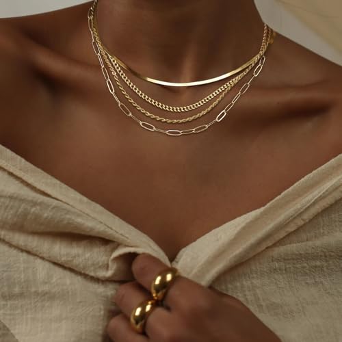 Gold/Silver Necklaces Stack For Women,14K Gold/Sterling Silver Plated Simple Layered Choker Necklaces For Women,Stackable Multilayer Pearl Cross Disc Circle Pendant Cuban Herringbone Snake Paperclip Chain Necklaces Set Jewelry Gift for Women3