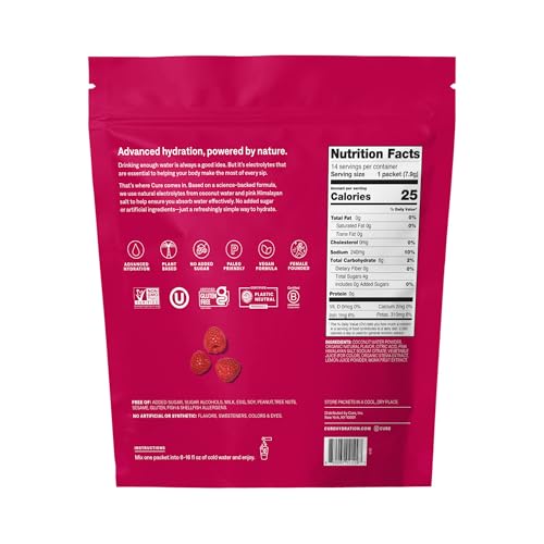 Image of Cure Hydration | Plant-Based Electrolyte Drink Mix | No Added Sugar | Dehydration Relief Powder Made with Coconut Water | Non-GMO | Vegan | Pouch of 14 Packets - Raspberry