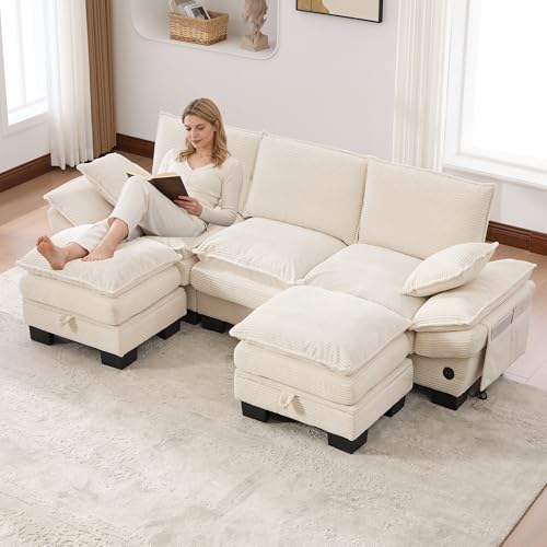 YuQozii Sofá modular de pana de 3 plazas (con 2 taburetes) - asiento ancho, diseño ergonómico, acolchado de espuma de alta densidad, conector USB-C y bolsillos laterales. Ideal para salón (beige)