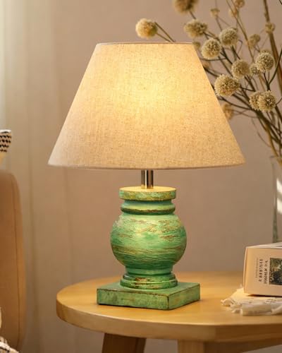 Image of Homesake Small Table Lamp with Green Wooden Base, E27 Holder Bedside Night Lamp for Bedroom Living Room, Decorative Study Desk Lamp Office, Warm Ambient Lighting for Home Decor, Gift, (Khadi)