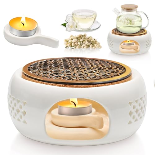 Stövchen für Teekanne Keramik Teekannenwärmer Porzellan Stövchen mit Hohlmuster Ø15cm mit Korkmatte und Teelichthalter Weiß Teewärmer für Tee Kaffee und Milch (Weiß)
