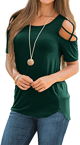 NILOUFO Womens Casual Summer Shirts Short Sleeve Cold Shoulder Tunics Tops (02-Dark Green, Large)