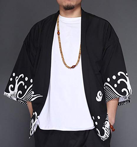 LifeHe Men's Kimono Japanese Floral Printed Kimono Cardigan Shirts Jackets … Black - Thumbnail 2