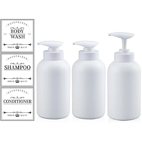Empty Shampoo and Body Wash Bottles, Kimqi 16 OZ Refillable Shampoo and Conditioner Dispenser, Pump Plastic Bottle for Bathroom Lotion, Body Wash, Pack of 3, White Cover