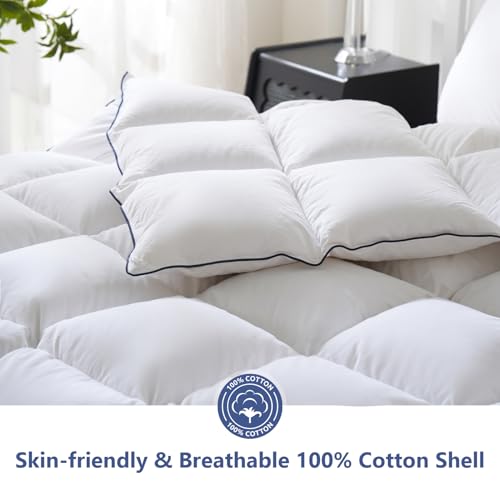 Image of DOWNCOOL Feather Comforter King Size, 100% Cotton Cover Ultra Soft Fluffy Duvet Insert King, All Season Luxurious Hotel Bedding Comforters with Corner Tabs, White 106 inchx90 inch