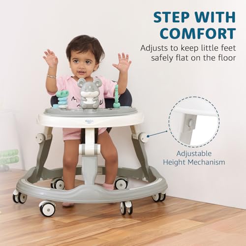 Image of Amazon Brand - Supples Baby Walker (Musical) | Kids Walker with Toys | Baby Walkers for Boys & Girls 9+ Months | Adjustable Height Walker with RGB Lights | Plastic | Grey & White