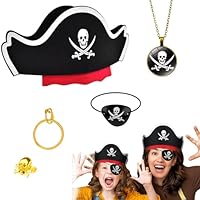 FreeSkill 5Pcs Pirate Hat and Eye Patch Set - Pirate Costume Accessories for Kids and Adults, Skull and Crossbones Eye Patch, Skull Necklace and Gold Hoop Earring