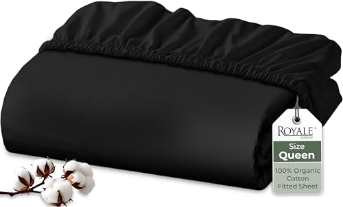 Image of Royale Linens 100% Organic Cotton Fitted Sheet - Percale Weave - Super Soft Deep Pocket Bottom Sheets - Black Elastic Sheet Queen Size - Queen Fitted Sheets Only - (60 inchx80 inch+15 inch, Black)