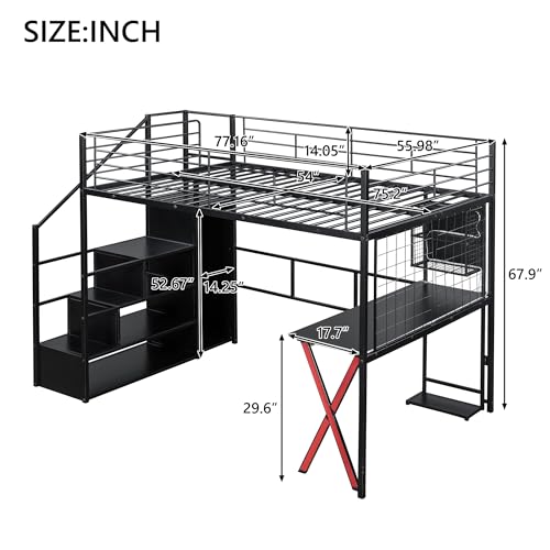 Image of Bellemave Full loft Bed with Storage Stairs, Wardrobe Shelves, Metal Full Loft Beds with LED Lights, Multifunctional Iron Nets for Adults, Kids, Teens, Black