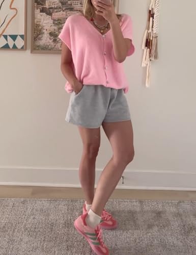 Image of Gihuo Women's Short Sleeve Sweater Cardigan Y2K Button Down Ribbed Knit Sweaters V Neck Oversized Going Out Tops(Pink-M)