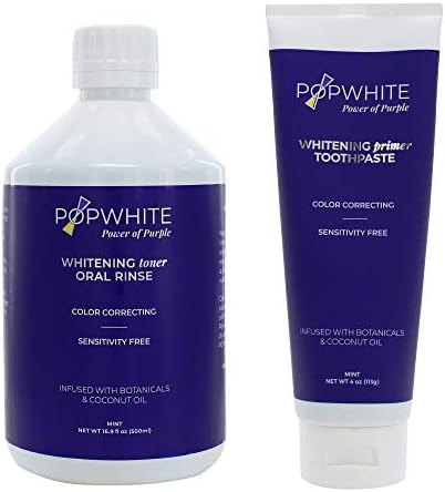 POPWHITE Purple Power Duo Natural Teeth Whitening with 4 oz Primer Toothpaste and 16.9 oz Whitening Toner Oral Rinse, Vegan and PETA Certified, Mint Flavor, USA Made