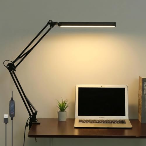 NYRWANA LED Table Lamp for Study Room, Adjustable Arm Desk Lamp, 3 Color Modes, 10-Level Dimmer, Eye Care Reading Light with Clamp, Flicker-Free Warm White Light for Students, Home & Office (Black)