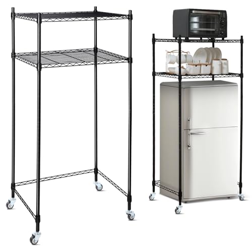 Tandefio 2 Tier Mini Fridge Stand with Storage for Dorm Microwave Stand Over Mini Fridge Storage Shelf with Wheels Adjustable Height Organizer for Kitchen College Rooms Pantry(Black)