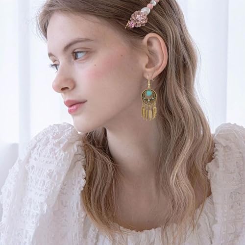 Boho Turquoise Drop Earrings Retro Long Copper Feather Tasse Metal Leaf Dangle Earrings Vintage Country Western Jewelry Cowgirl Ethnic Style Geometric Concert Festival Accessories for Women3