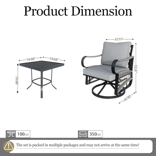 Image of 3 Pieces Outdoor Furniture Set, Metal 360 Swivel Rocking Chairs Bistro Sets, Patio Conversation Set with Side Table for Deck, Porch, Garden, Backyard, Poolside (Gray Cushions)