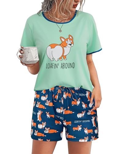 Demegimi Schlafanzug Damen Kurz Lustig Pyjama Baumwolle Sommer Shorty Nachtwäsche Kurzarm Schlafanzüge mit Hundmuster S-XXL