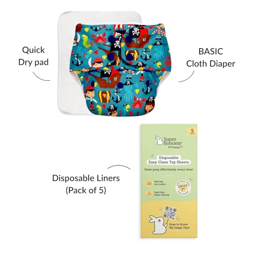 Image of SuperBottoms BASIC Cloth Diaper with UltraThin Dry Pad & 5 Disposable Easy Clean Top Sheets | Reusable & Washable | Adjustable Fit for Babies 3m-3y