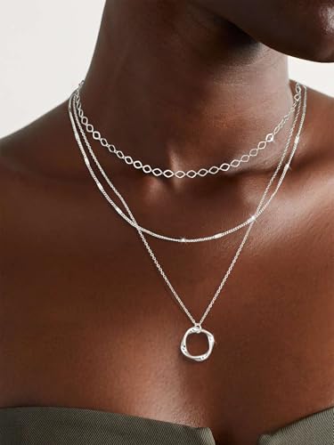Gold Silver Layered Necklaces for Women Trendy, Dainty 925 Sterling Silver Chain Necklace Stack for Women Layering Circle Pendant Choker Necklaces Set Non Tarnish Jewelry Gifts for Teens3