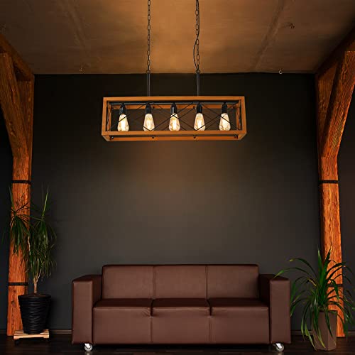 Industrial Pendant Lamp-5 Lights E26 Socket With Plug In Cord Rectangle Chandelier Wood Metal Kitchen Island Hanging Pendant Lighting Farmhouse Black Vintage Ceiling Lamp For Dinner Room-No Bulbs #TOP2