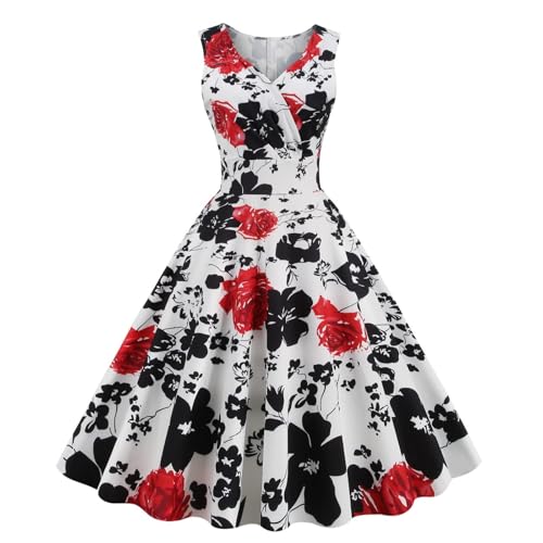 Vintage Cocktailkleid für Damen Retro Abendkleid im 50er 60er Jahre Rockabilly Stil mit Träger Oben & Petticoat Elegantes Retro-Kleid (Red, M)