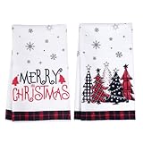 Rbenxia Merry Christmas Kitchen Towels Set of 2, 18x26 Inch Black Red Buffalo Plaid Snowman Xmas Trees Holiday Hand Towels for Bathroom Seasonal Winter Decoration, Farmhouse Housewarming Gift