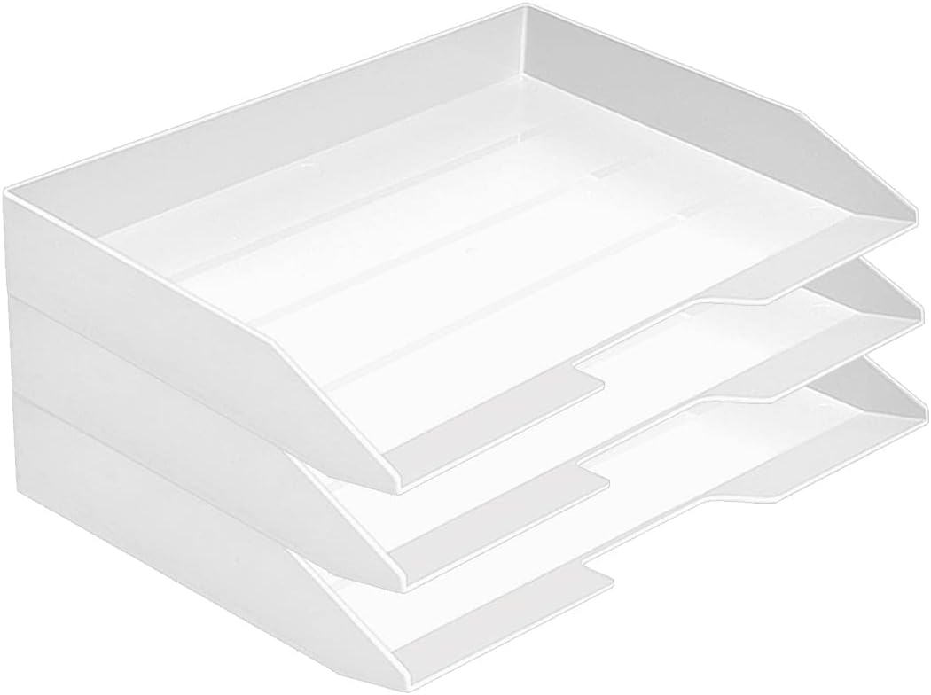 Acrimet 3 Tier Paper Organizer Letter Tray – Plastic Stackable Desk File Organizer, Side Load Paper Sorter for Letter/A4 Office File Folder Holder – White