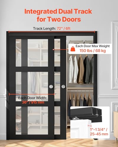 Image of VEVOR Bypass Sliding Door Hardware Kit, 6 ft Aluminum Alloy Dual-Track Bypass Door Hardware, Smooth and Quiet Sliding, Easy to Install, for 1 inch to 1 3 /4 inch Thickness 36 inch Width 2 Door System, for Closet