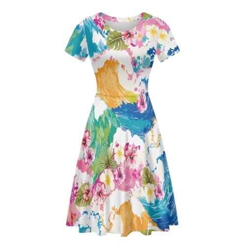 Image of HUGS IDEA Womens Puffy Swing Midi Dress Round Neck Short Sleeve Party A-Line Dresses