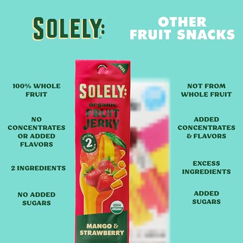 Image of SOLELY - Organic Mango Strawberry Fruit Jerky - 12 Individually Wrapped Fruit Strips - Fruit Leather - Healthy Snacks for Adults & Kids - Non GMO, Vegan Snacks - 0.8oz (23g)