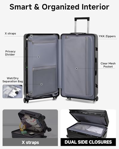 Somago Luggage Sets 2pcs, 22x14x9 Front Compartment Aluminum Framed PC Hardside and 30 Inch Trunk Luggage with Spinner Wheels, Black2