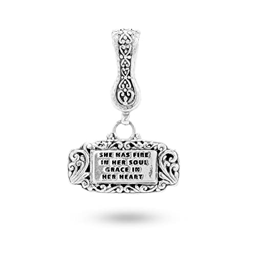 Sarda .925 Sterling Silver 1-5/8" X 1-1/8""She Has Fire In Her Soul Grace In Her Heart" Filigree Rectangle Enhancer Pendant - Handmade By Bali Artisans #TOP13