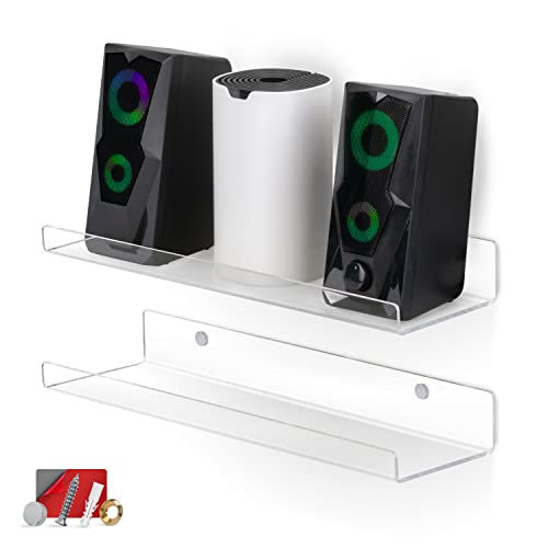 Image of BRAINWAVZ 2-Pack 15" Floating Acrylic Wall Shelf for Speakers, Books, Decor, Plants, Cameras, Photos, Kitchen, Bathroom, Routers & More Universal Small Holder Shelves (Clear)
