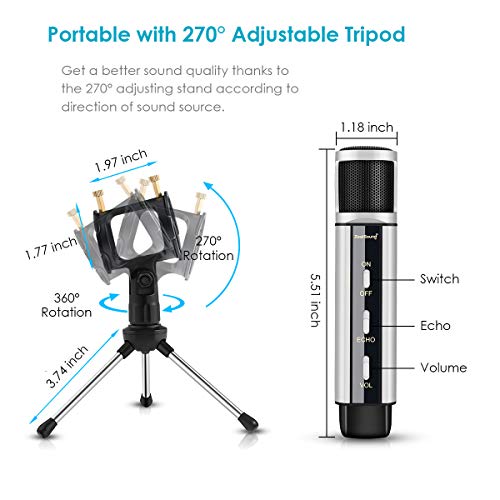 Studio Recording Microphone, ZealSound Condenser Broadcast Microphone w/Stand Built-in Sound Card Echo Recording Karaoke Singing for Phone Computer PC Garageband Smule Live Stream & YouTube (Silver)