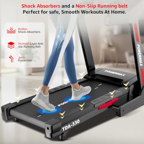 Image of PowerMax Fitness TDA-330 6HP DC Motorized Electric Auto Incline Treadmill for Home use | Inbuilt Cooling Fan, Max User 140kg, Top Speed 22kmph, 1330 x 480mm Running Deck, LCD disp., iPad Holder