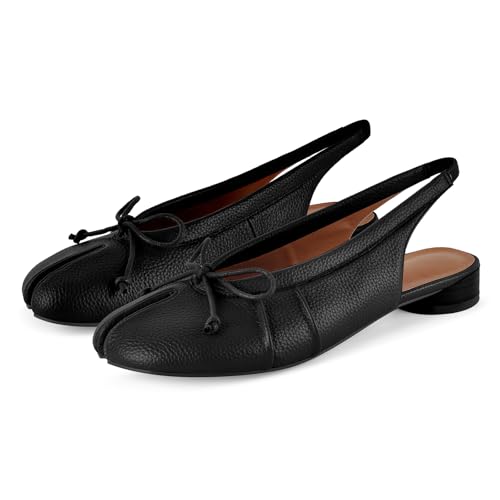 Vecipatcare Tabi Flats Split Toe Slingback Heels Low Heel Japanese Bow Flats Black by Vecipatcare