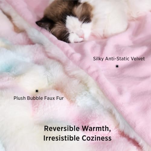 Image of Bedsure Fluffy Bubble Faux Fur King Blanket, 104 inchx90 inch, Tie-dye Rainbow
