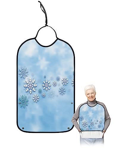 Christmas Snowflake Adult Bibs for Eating, Waterproof Bibs with Food Catcher & Adjustable Snap Closure, Hazy Winter Snowflake Blue Washable Clothing Protectors Adult Bibs for Elderly Women/Men
