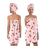Women's Cherry Print Towel Wrap and Hair Drying Cap Set – Cute Pink Microfiber Shower Wrap with Adjustable Closure – Quick Dry Spa, Dorm, Beach Gift for Her