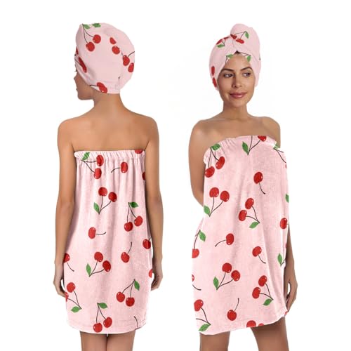 Women's Cherry Print Towel Wrap and Hair Drying Cap Set – Cute Pink Microfiber Shower Wrap with Adjustable Closure – Quick Dry Spa, Dorm, Beach Gift for Her