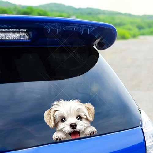 Image of Cute Animal Dog Car Sticker Waterproof PVC Double-Sided Printed Puppy Car Decal Funny Dog Peeking Decal for Car Window Bumper Truck Wall Laptop Car Decor (White Dog)