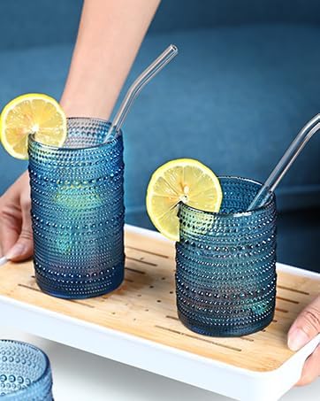 Hobnail Drinking Glasses Set of 6,12oz Blue Vintage Glassware,Cocktail Glasses,Embossed Glass Cups,Water Tumbler for Whiskey, Juice and Various Mixed Drinks - Image 7