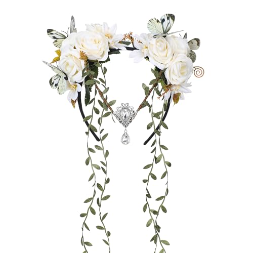 MOSTORY Coroa de flores de fadas brancas para mulher, diadema de fadas com borboleta para cosplay Renfaire, casamento branco