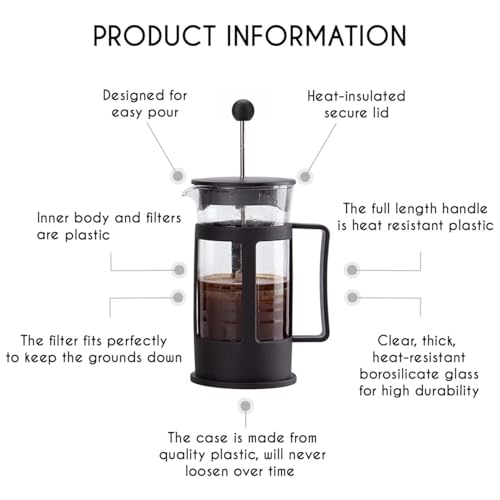 Image of KenBerry French Press Coffee & Tea Maker Borosilicate Glass with sleeves Carafe | BPA-Free Plastic Lid | 4-Level Filtration with Stainless Steel Plunger with Mesh | Compact & Durable, 600 ML